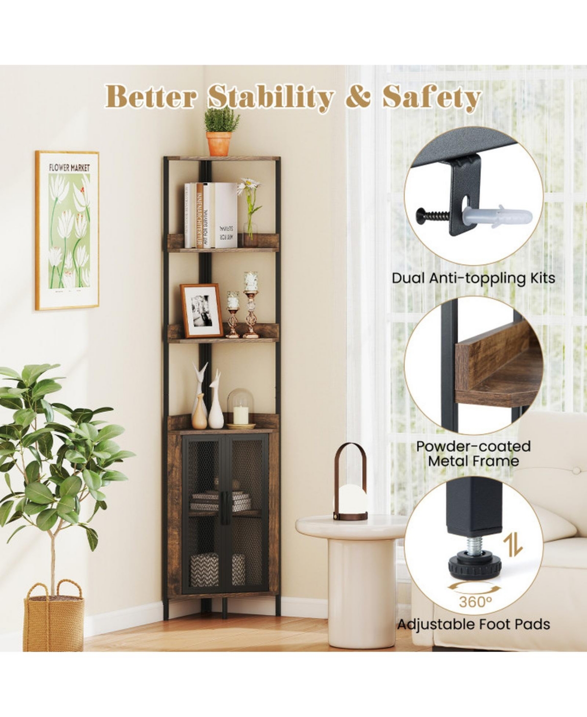 Sugift 67 Inch Tall Corner Bookshelf 6-Tier Industrial Bookcase with Mesh Cabinet