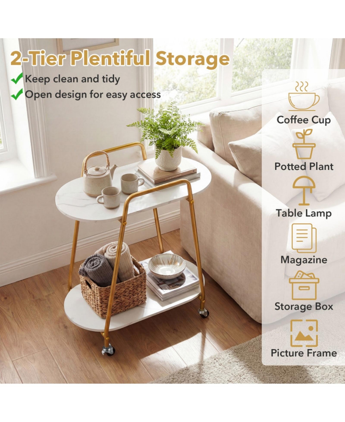 Sugift 2-Tier Rolling End Table with Faux Marble Shelves and Push Handle