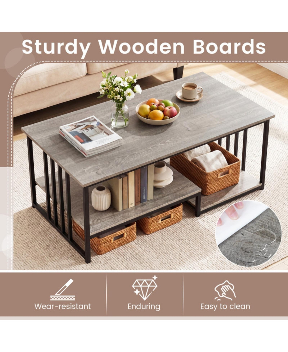 Sugift 43.5 Inch Industrial Coffee Table with 2-Tier Open Storage Shelf