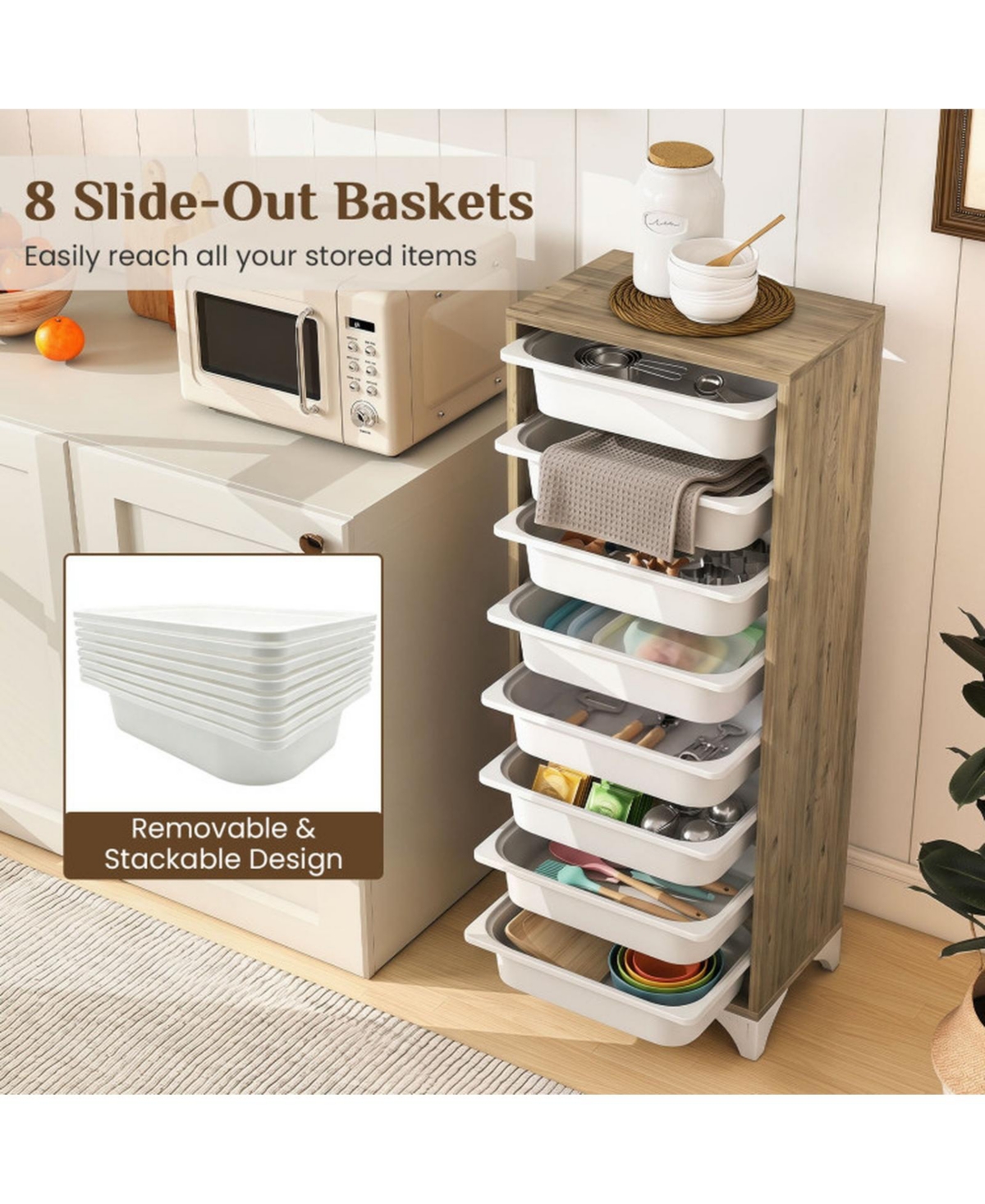 Sugift 9-Tier Freestanding Pantry Organizer with 8 Slide-Out Baskets and Wood Top