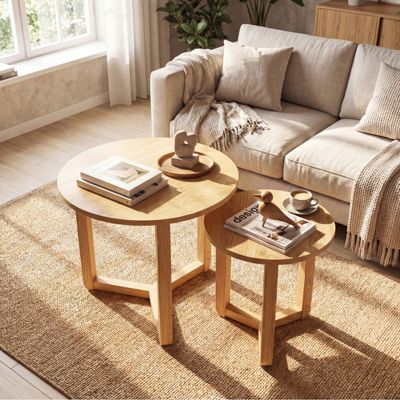 Round Nesting Coffee Table Set of 2 with Thickened Wood Tops and Tripod Legs