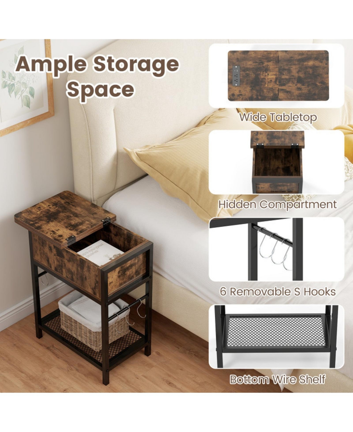 Sugift End Table with Charging Station Flip Top Hidden Compartment and Bottom Wire Shelf