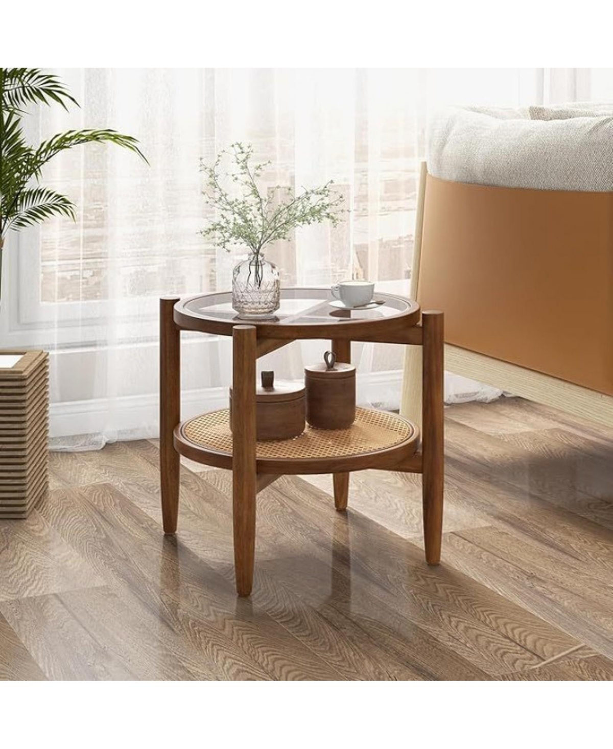 Sugift Set of 2 Rattan Round Side End Tables with Tempered Glass Tabletop 2-Tier Storage Design
