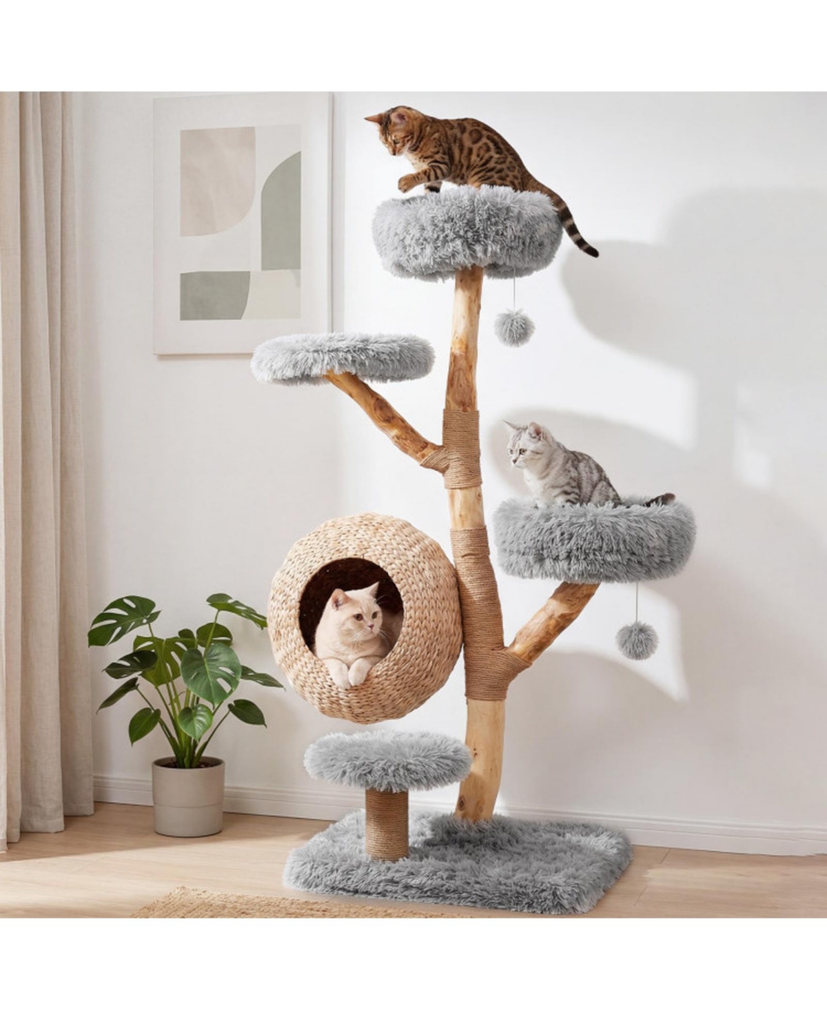 Sugift 5-Tier Wooden Cat Tree with Hand Woven Condo Plush Perches and Jute Posts