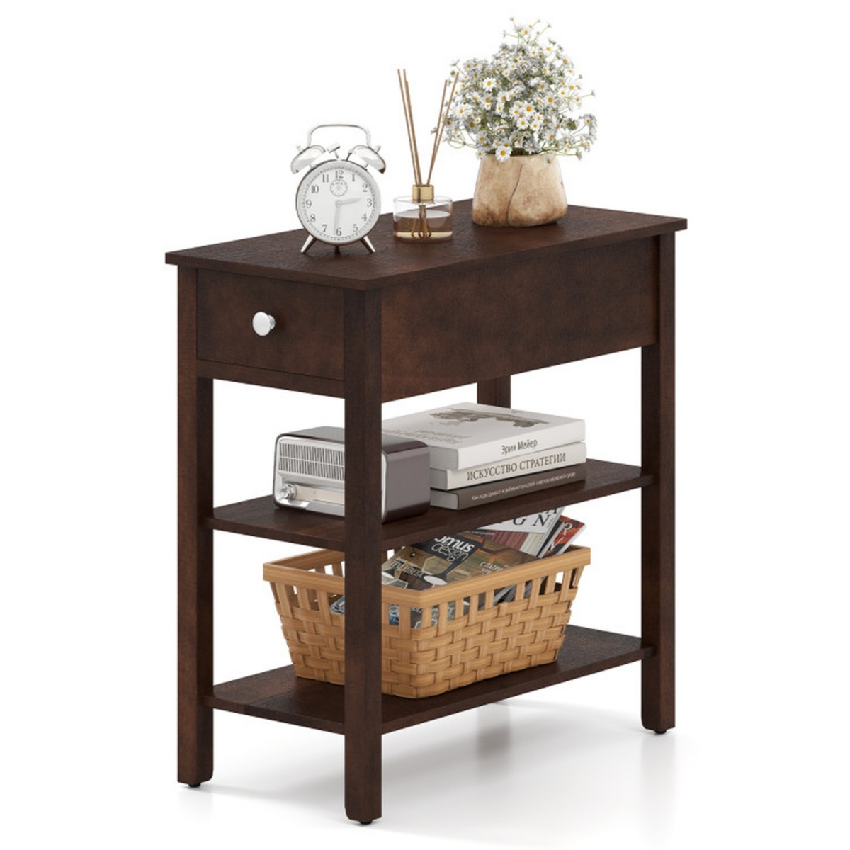 Sugift 3-Tier Narrow End Table with Pull-Out Drawer and Storage Shelves