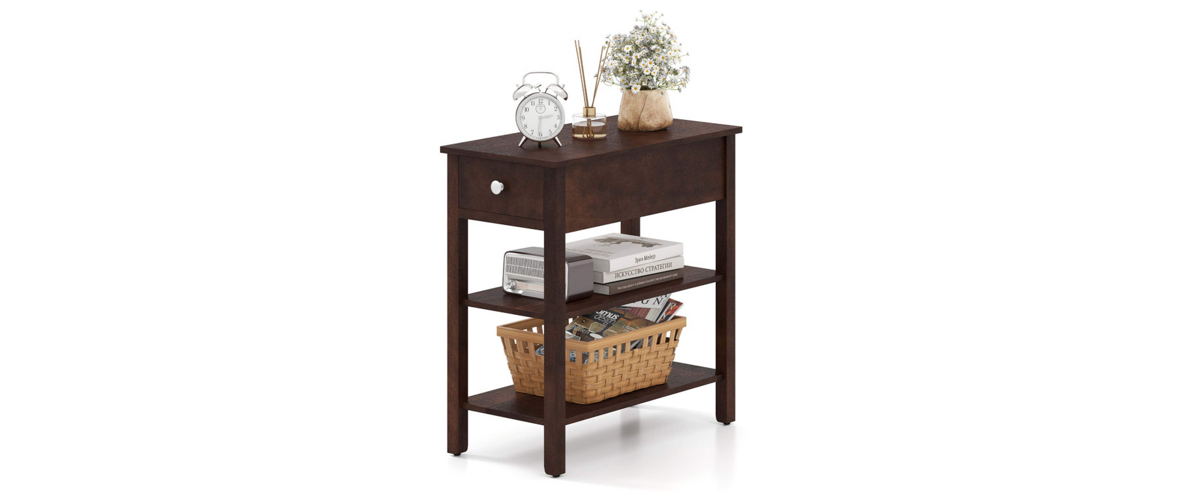Sugift 3-Tier Narrow End Table with Pull-Out Drawer and Storage Shelves