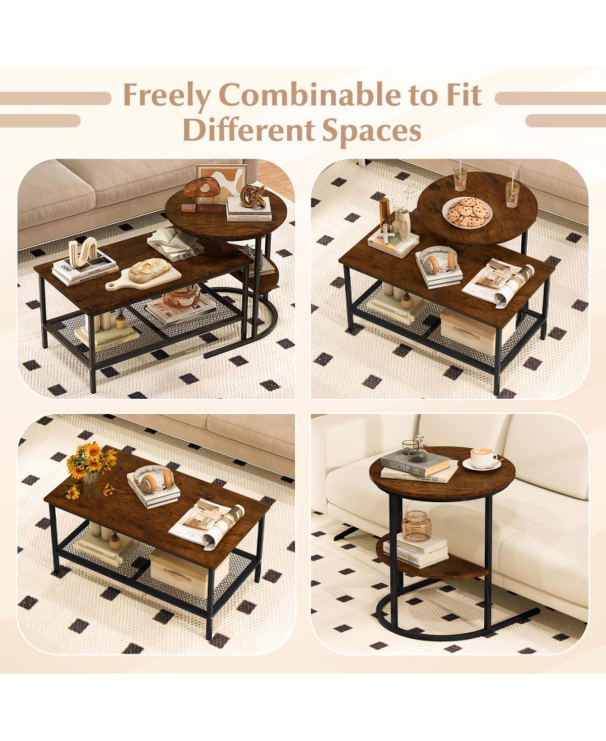 Sugift Industrial 2-Piece Faux Marble Coffee Table and End Table Set with Storage Shelves