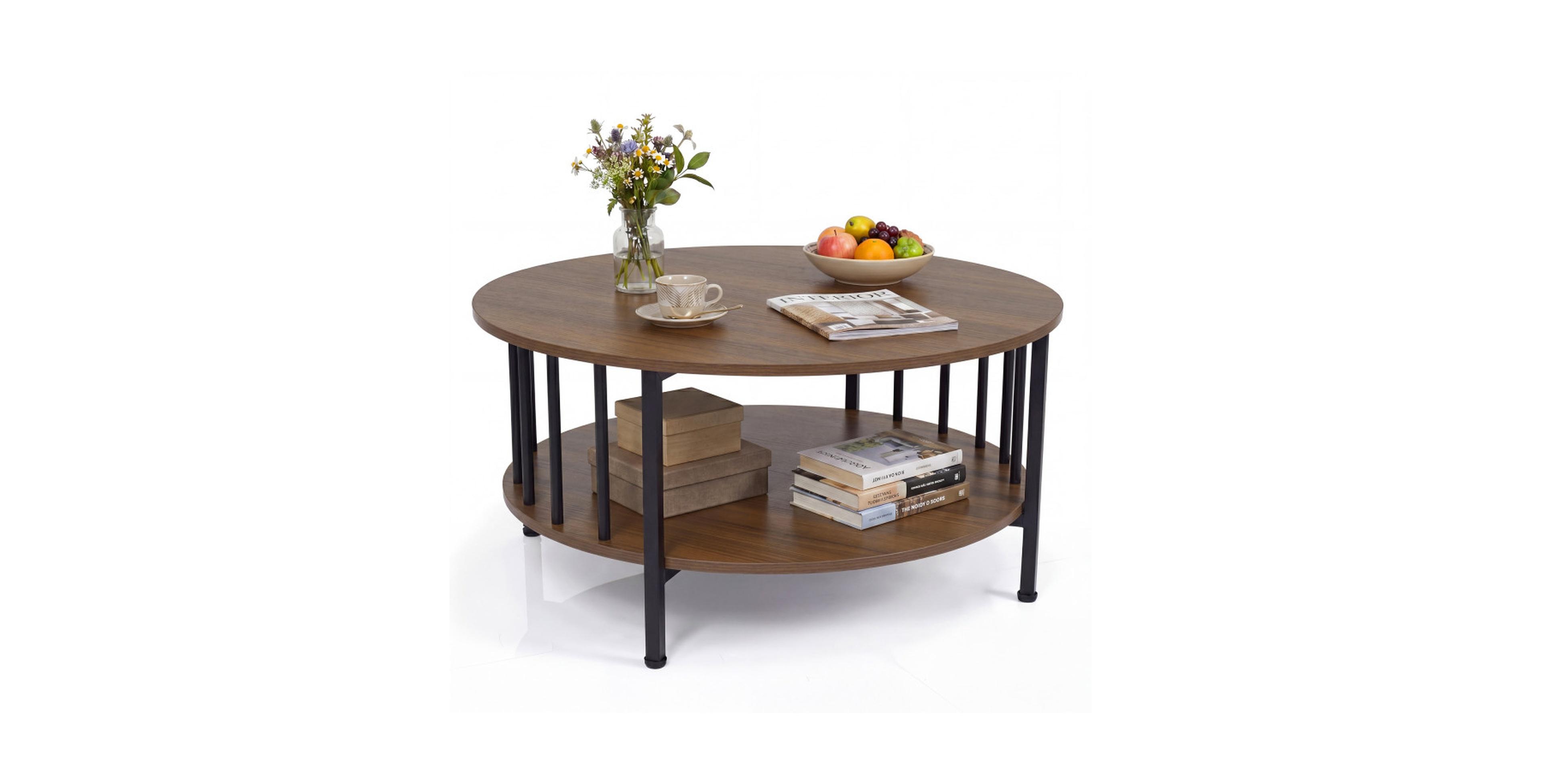 Sugift 2-Tier Round Coffee Table 32.5 Inch with Storage Shelf and Picketed Metal Accents