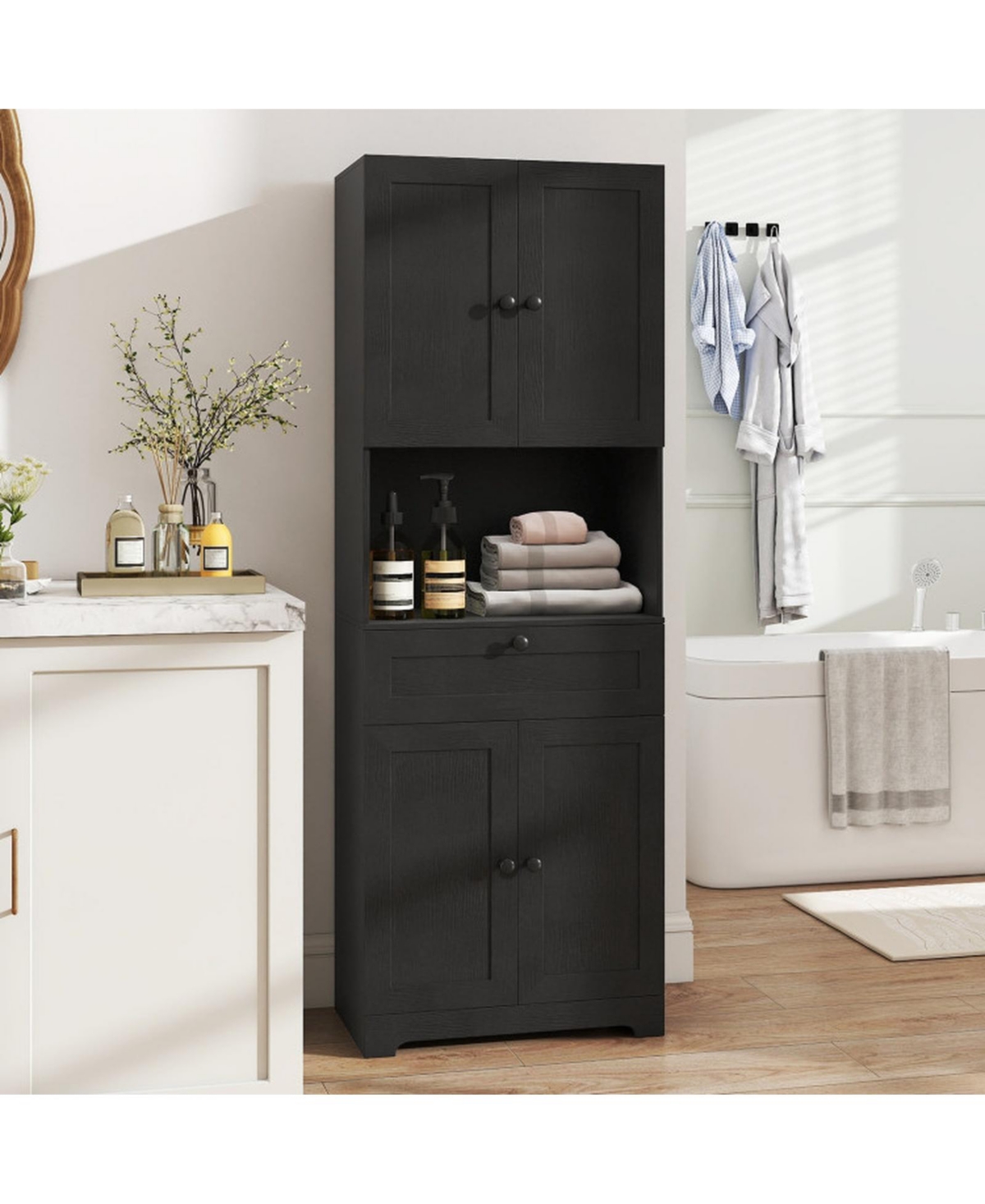 Sugift 67.5 Inch Tall Freestanding Storage Cabinet with 4 Doors Drawer and Adjustable Shelf