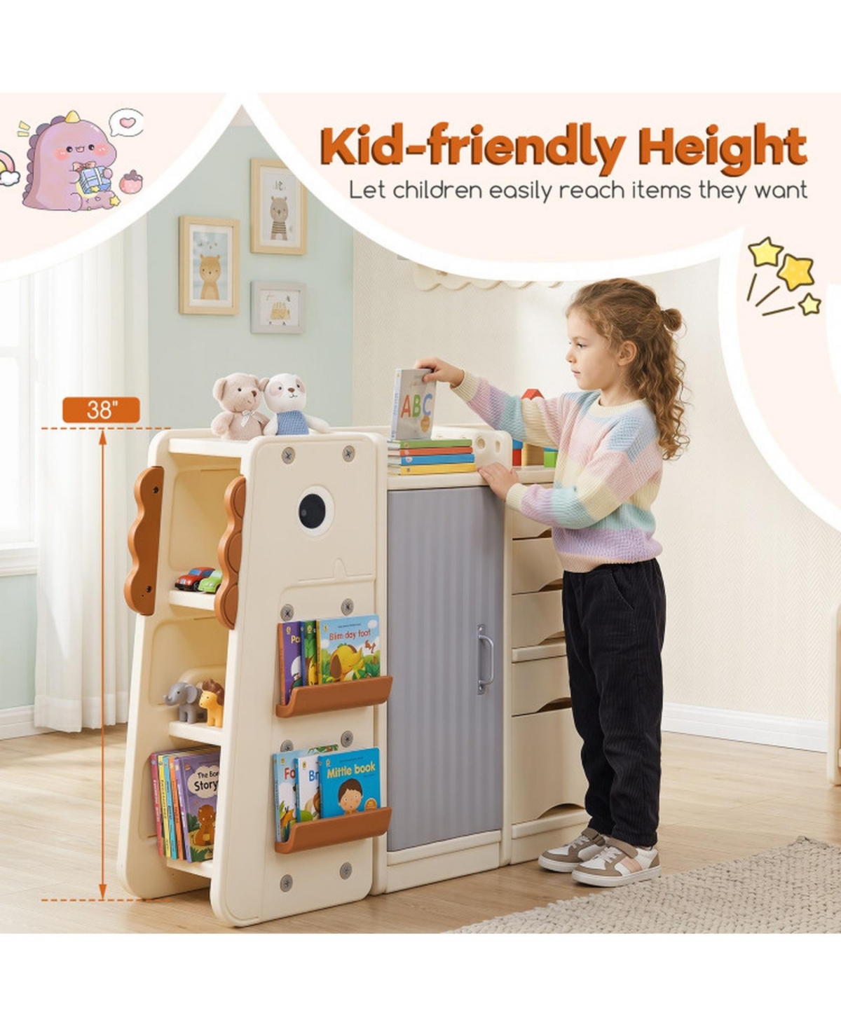 Sugift Kids Toy Storage Organizer 38 Inch Dinosaur Themed Shelf Unit with 5 Removable Bins