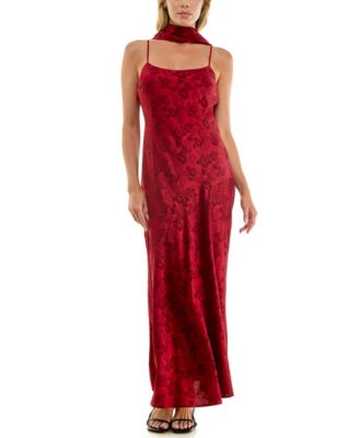 Juniors' Sleeveless Floral Slim Jacquard-Satin Maxi Dress with Matching Scarf