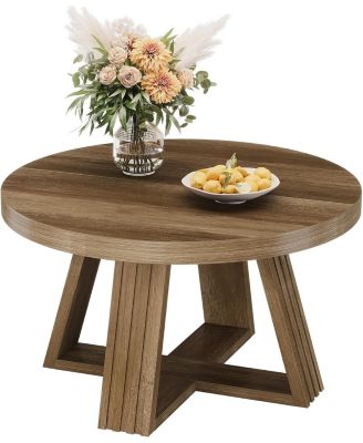 Round Coffee Table, 31.5 Inch Farmhouse Center Table with Solid Tabletop and Thickened Cross-Shaped Wood Frame
