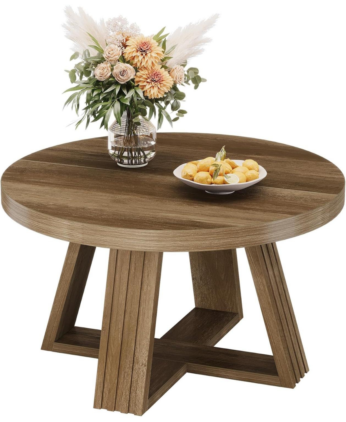 Tribesigns Round Coffee Table, 31.5 Inch Farmhouse Center Table with Solid Tabletop and Thickened Cross-Shaped Wood Frame - Rustic brown