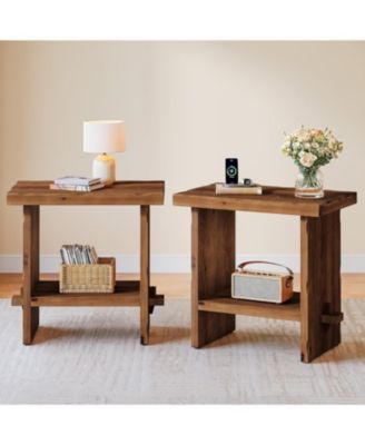 Set of 2 Solid Wood End Table with 2-Tier Storage Shelves