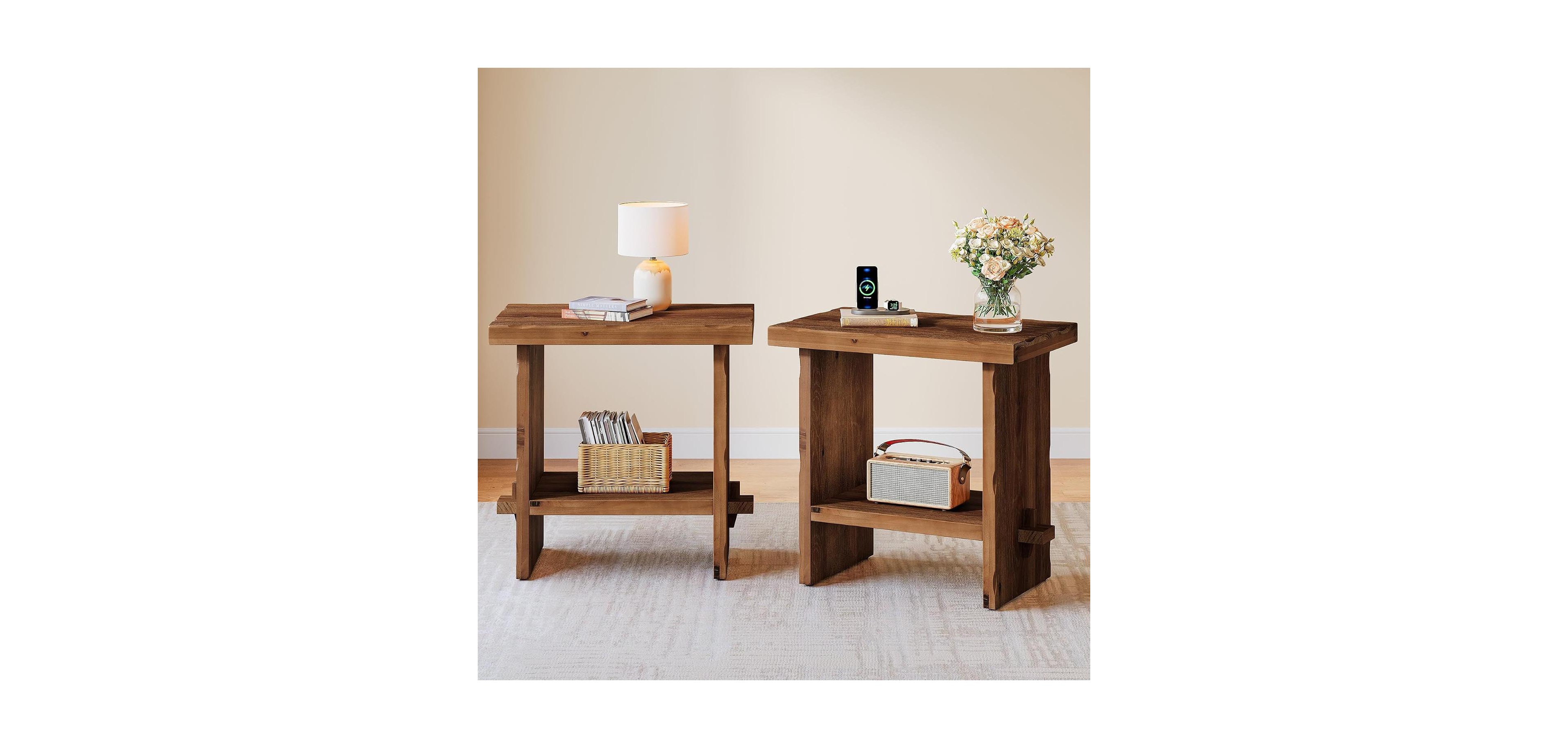 Tribesigns Set of 2 Solid Wood End Table with 2-Tier Storage Shelves
