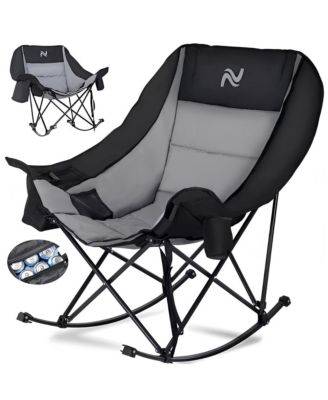 Oversized Rocking Camping Chair, Folding Camping Chair,Fully Padded Patio Chair with Cooler BagandSide Pocket,Portable Outdoor Recliner Chair