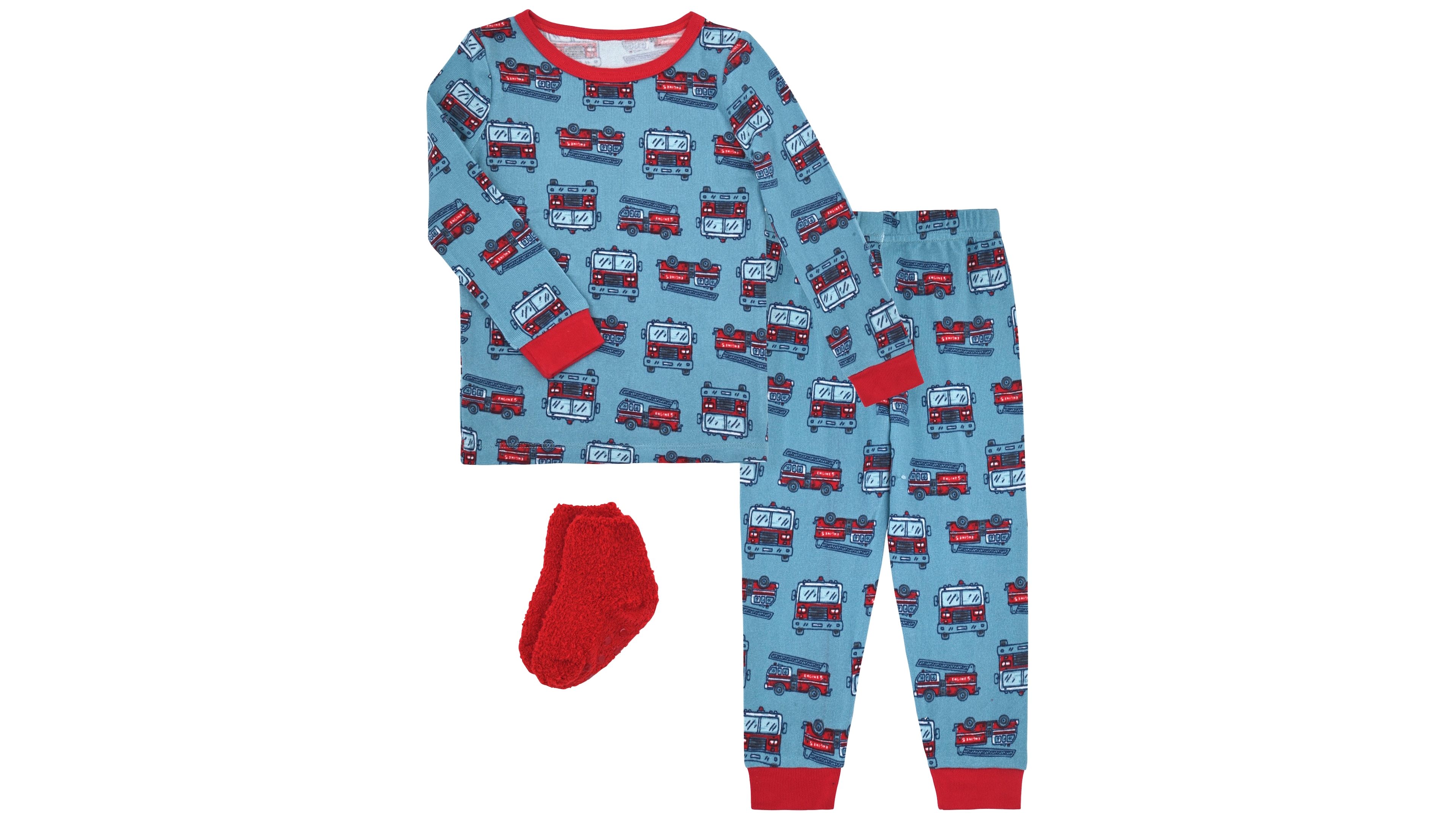 Max & Olivia Boys' 12M-5T Fire Truck Allover Print Pajama with Socks, 2-Piece Set