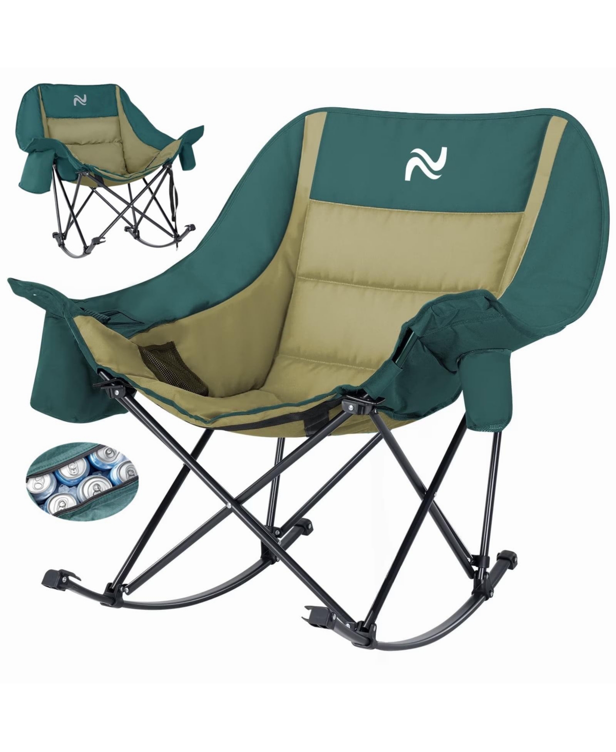 Aboron Oversized Rocking Camping Chair, Folding Camping Chair,Fully Padded Patio Chair with Cooler BagandSide Pocket,Portable Outdoor Recliner Chair -