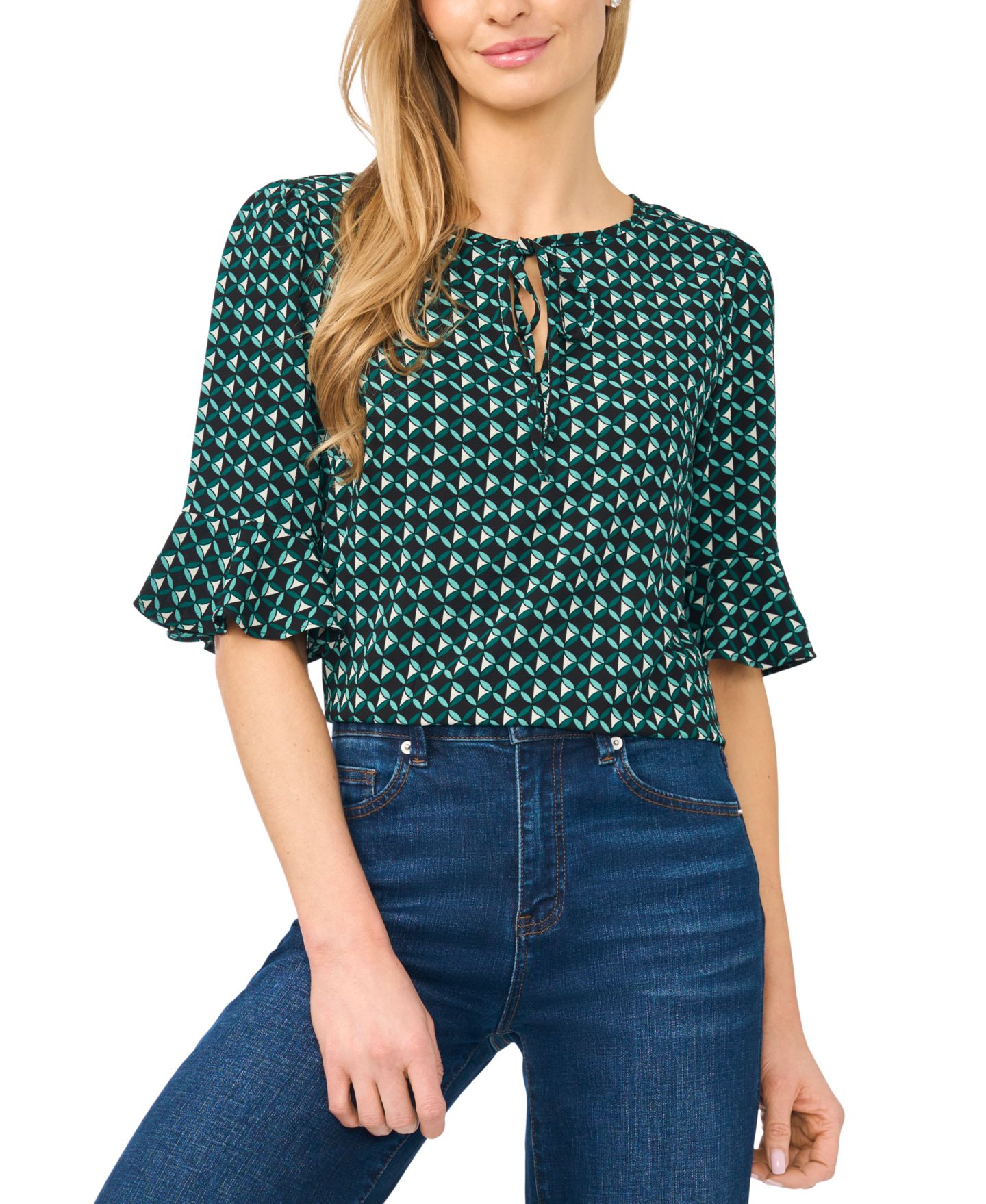 Женская блузка CeCe Split-Tie-Neck 3/4-Sleeve Ruffle-Cuff Blouse, цвет: Глубокий еловый — фото 2