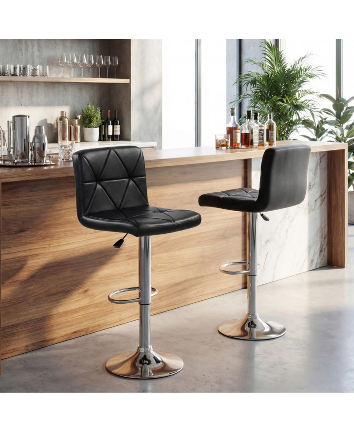Sugift Adjustable Swivel Bar Stools Set of 2 with Diamond Quilted Faux Leather Seat and Footrest
