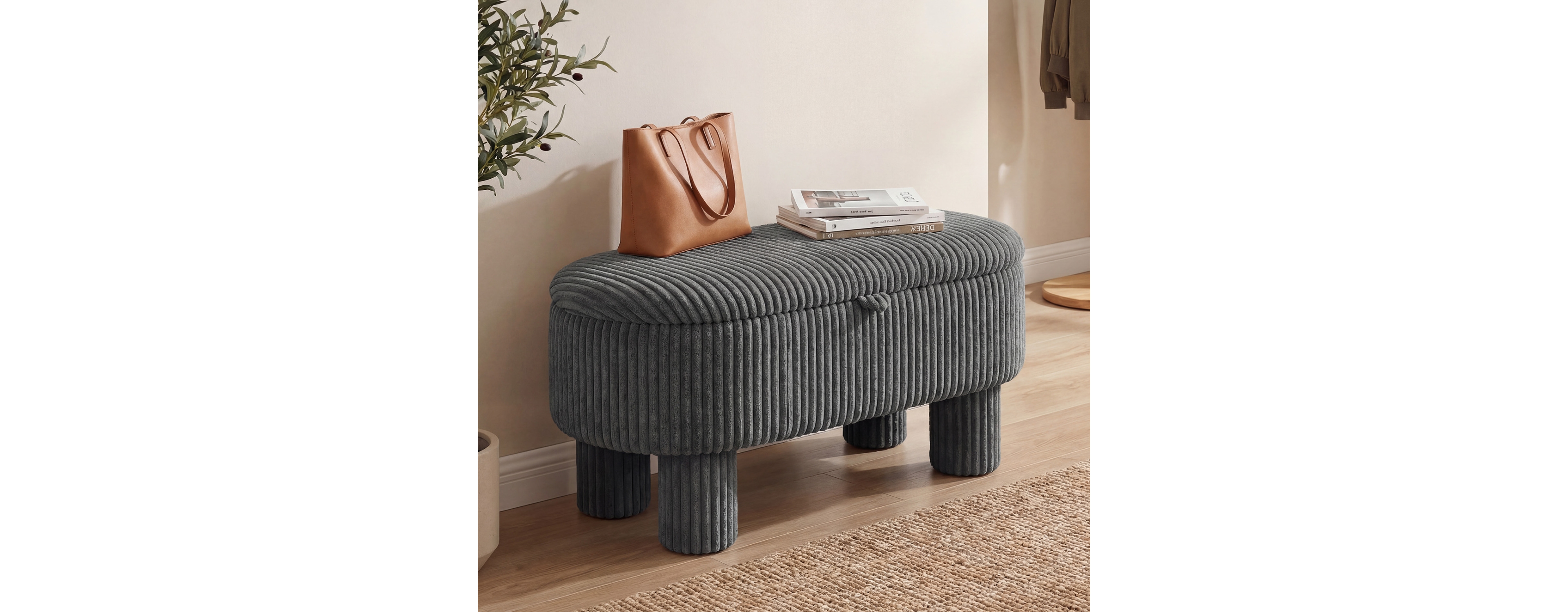 Sugift 42 Inches Storage Ottoman Bench Corduroy Upholstered Footstool with Hidden Compartment