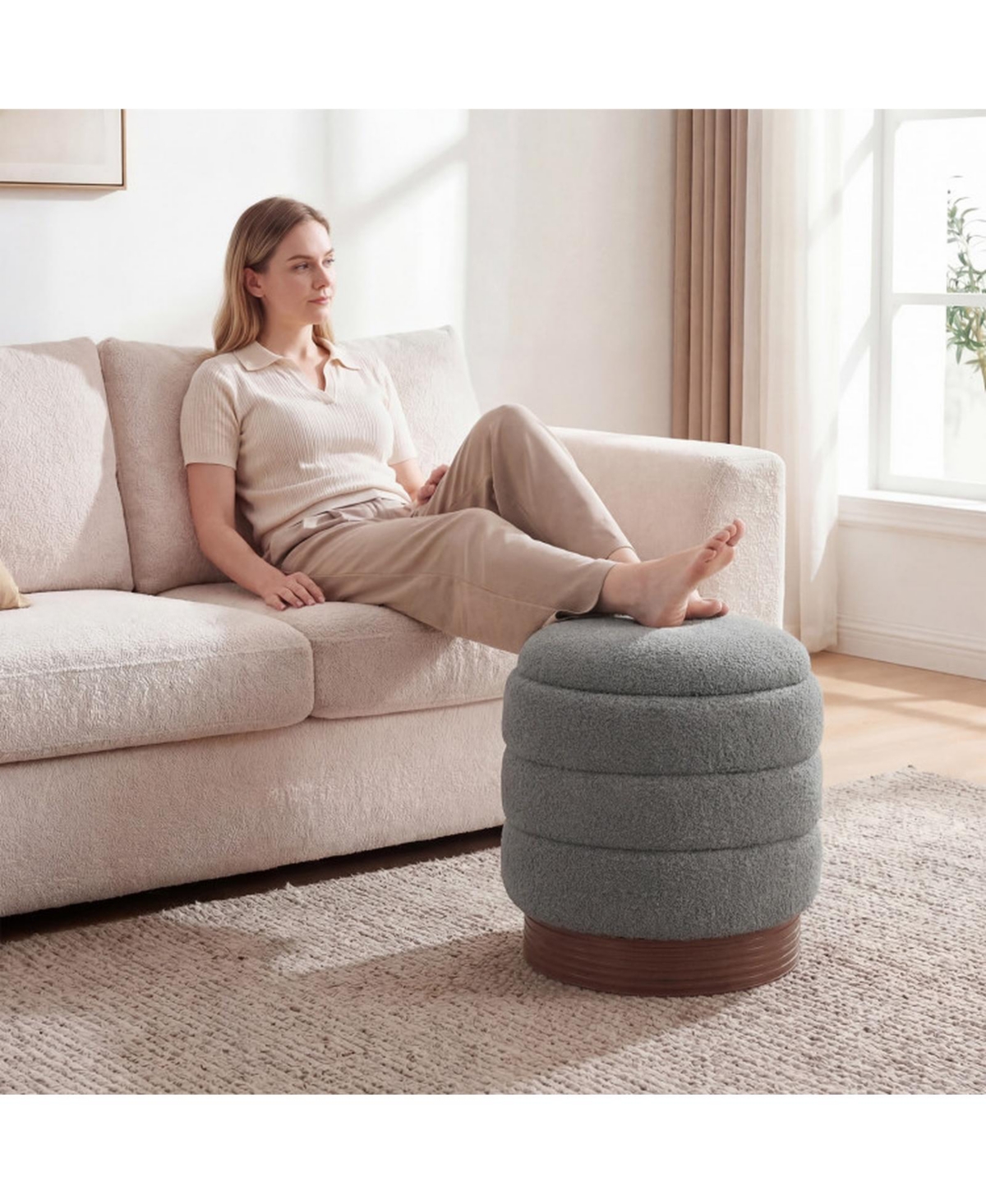 Sugift Swivel Round Storage Ottoman Upholstered Boucle Fabric Vanity Stool with Hidden Compartment
