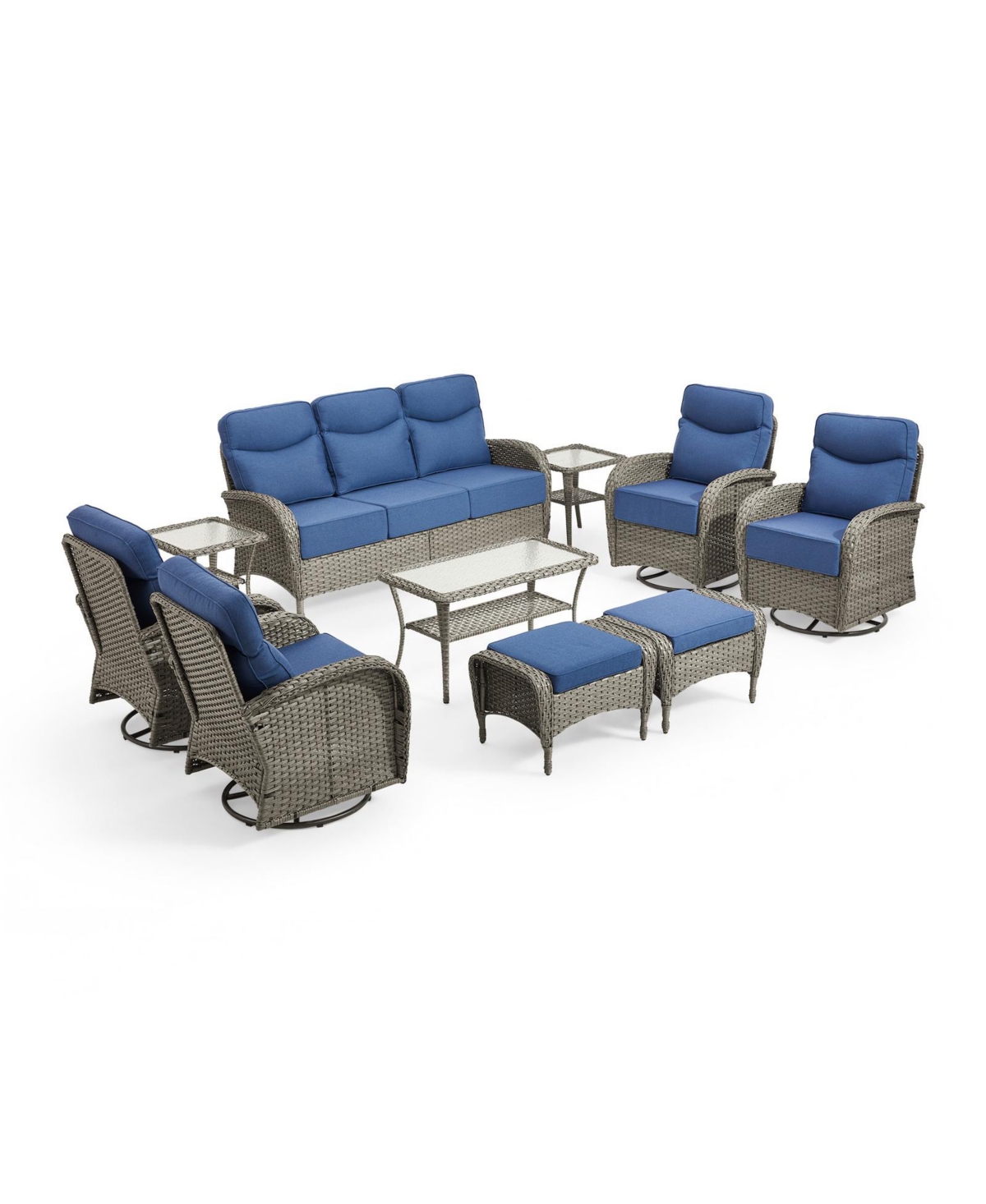 Pocassy Luxury 10-Pieces Patio Furniture Set with 6-inch Thick Cushion, Outdoor Couch and High Back Swivel Rocker Chairs,Wicker Conversation