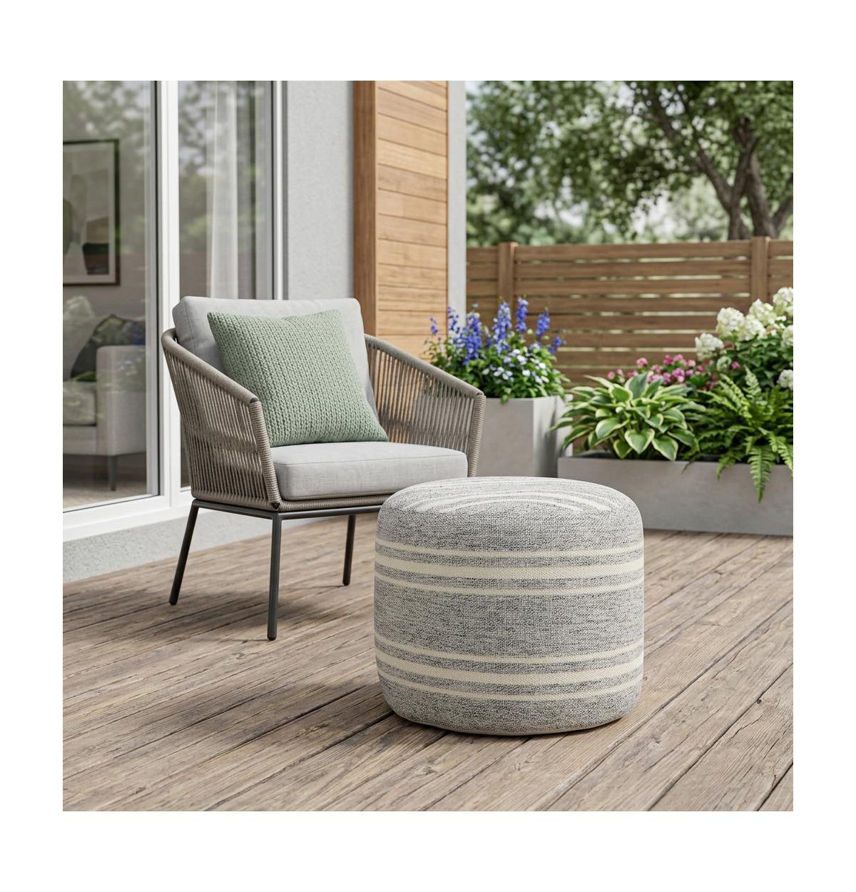 HomeRoots Polyester Round Striped Indoor Outdoor Pouf Ottoman