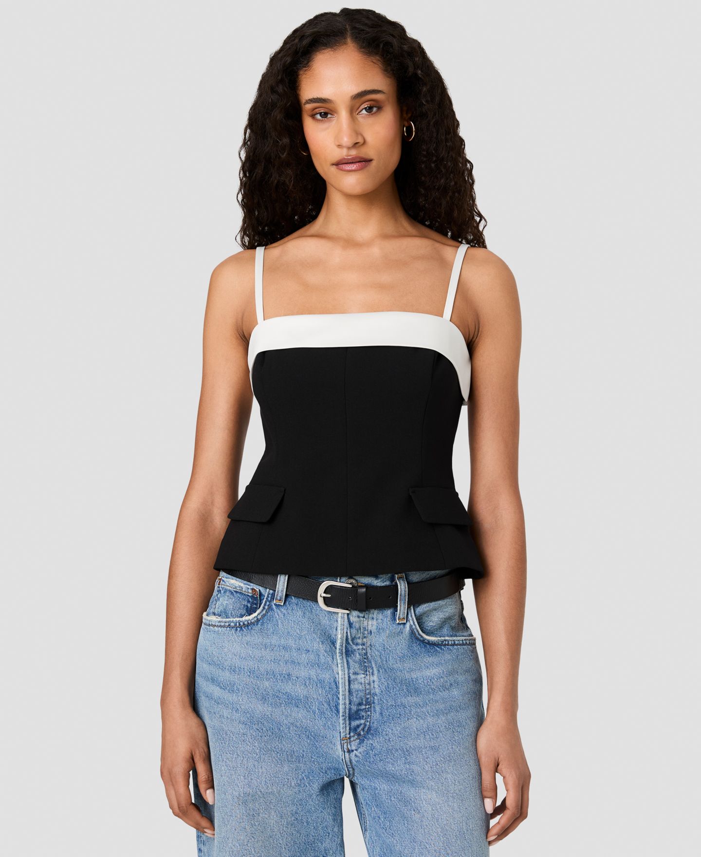 Женский топ French Connection Azra x Carey Foldover Sleeveless Square-Neck Colorblock, цвет: Чёрный фарфоровый кремовый — фото 6