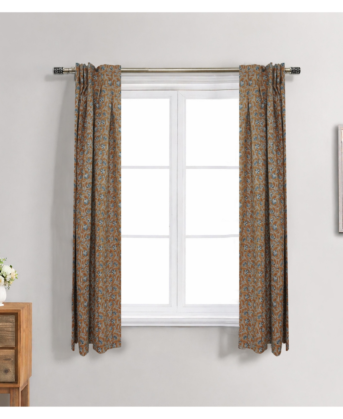 Fabdivine Handcrafted Boho Block Print Two Pleated Pure Linen Curtain