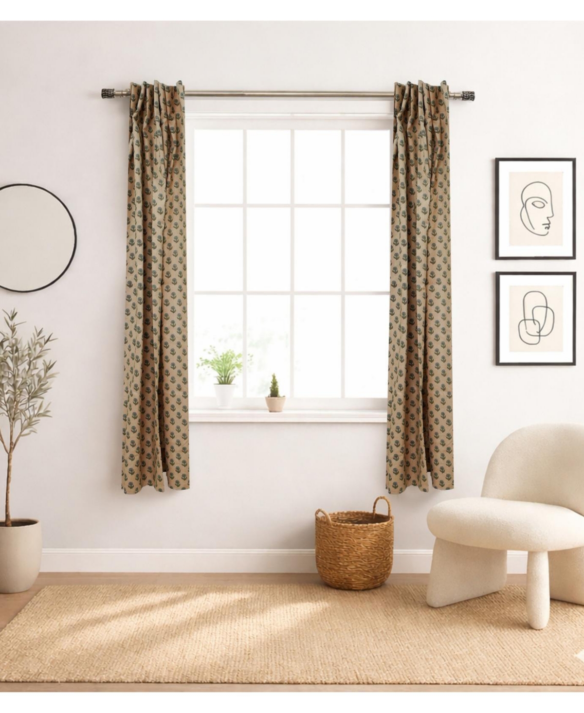 Fabdivine Palak Handmade Bohemian Block Print Viscose Color Linen Window Curtain