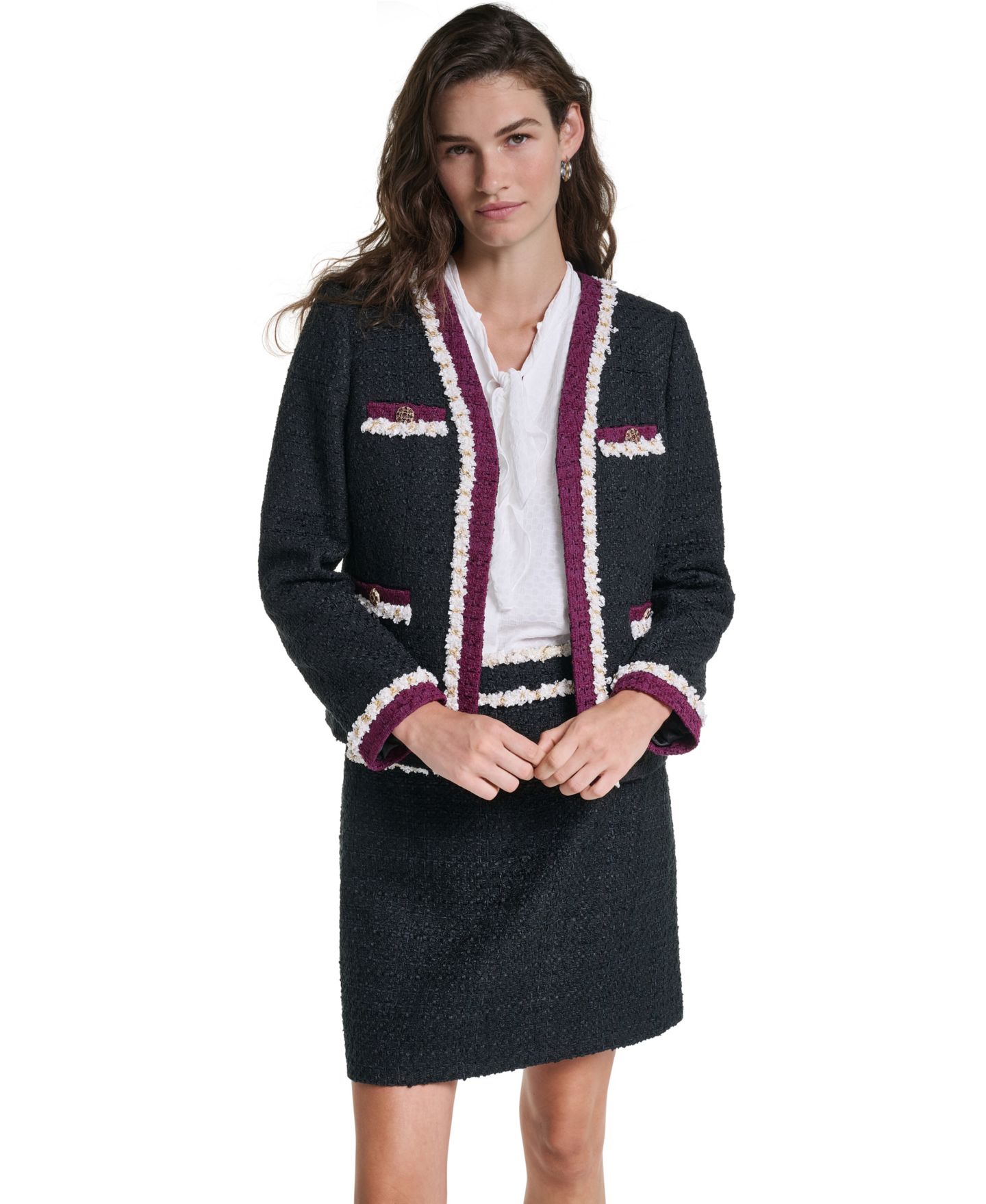 Женская куртка KARL LAGERFELD PARIS Tweed Cropped Fringe-Trim, цвет: Чёрный / Вишнёвый — фото 7