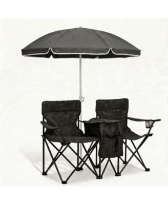 Outdoor Camping  2-Seat Folding Camp Chair, with Umbrella and Cup Holders, Foldable Beach Chair Set, for Patio, Camping, Backyard