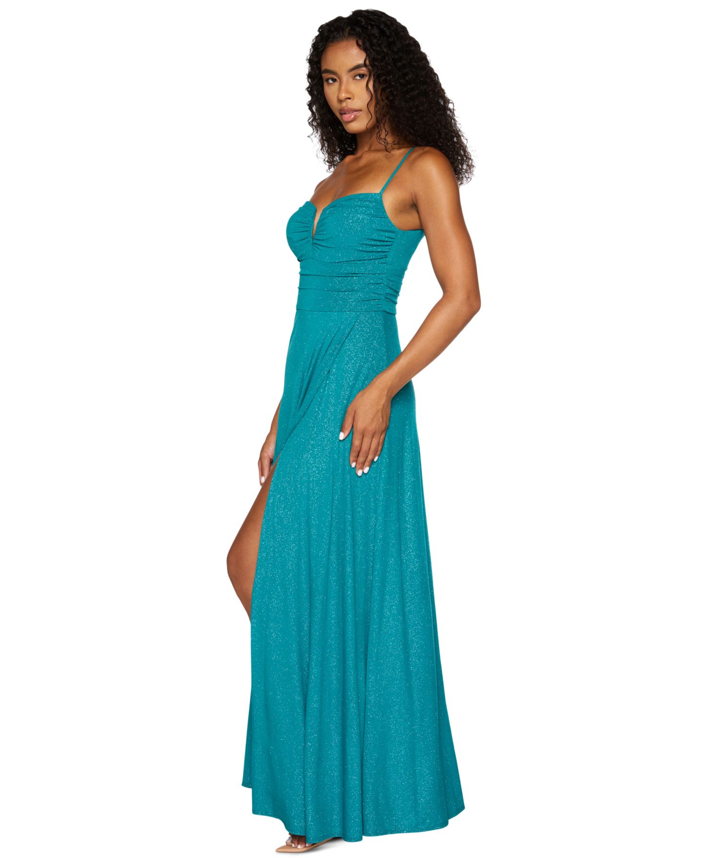 Женские платья B Darlin Juniors' Glitter Ruched-Bodice Front-Slit Gown, цвет: Deep Lake — фото 6
