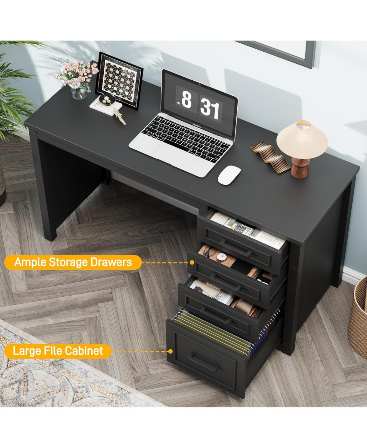 Vabches Farmhouse Executive Desk with Drawers and Charging Station for Home Office