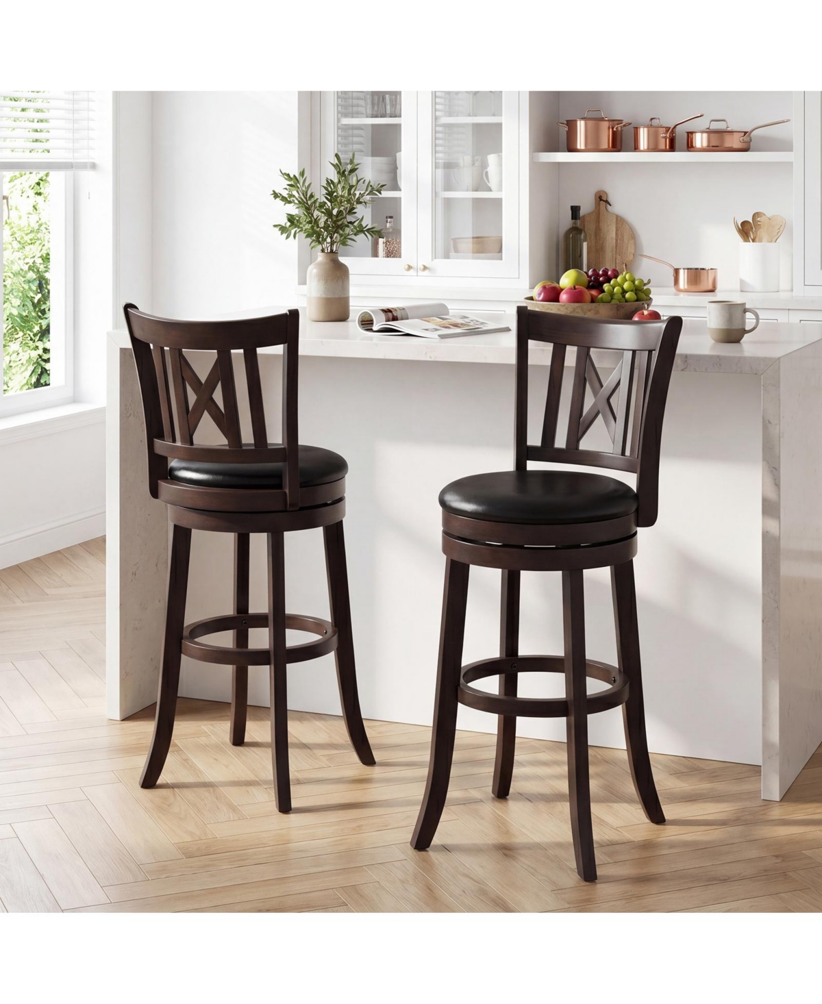 Gymax Set of 2 Bar Stools 30'' Swivel Bar Chairs w/ Footrest Hollowed Backrest