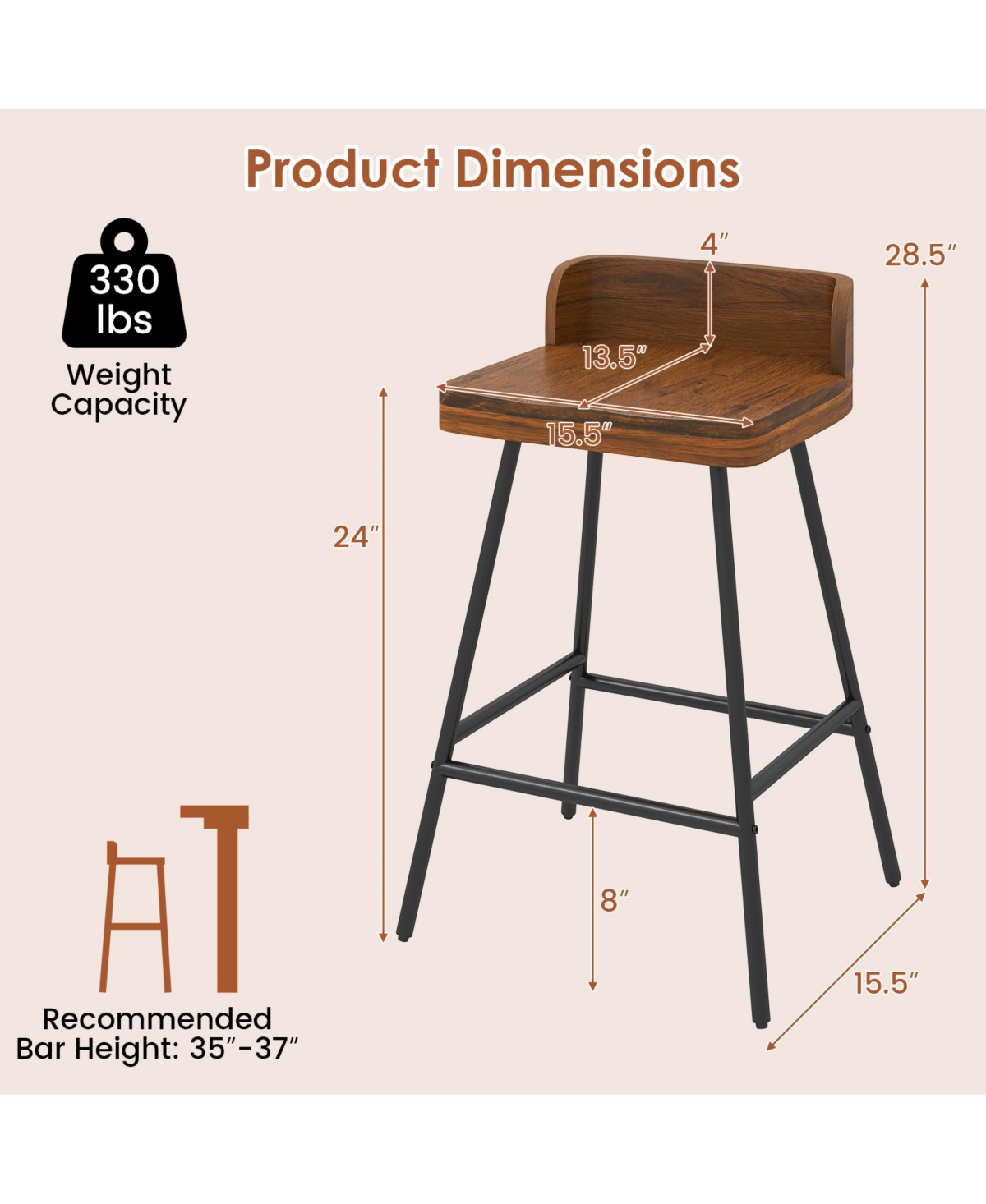 Gymax 4piece 24'' Counter Height Bar Stool w/Low Back Metal Legs Footrest for Kitchen