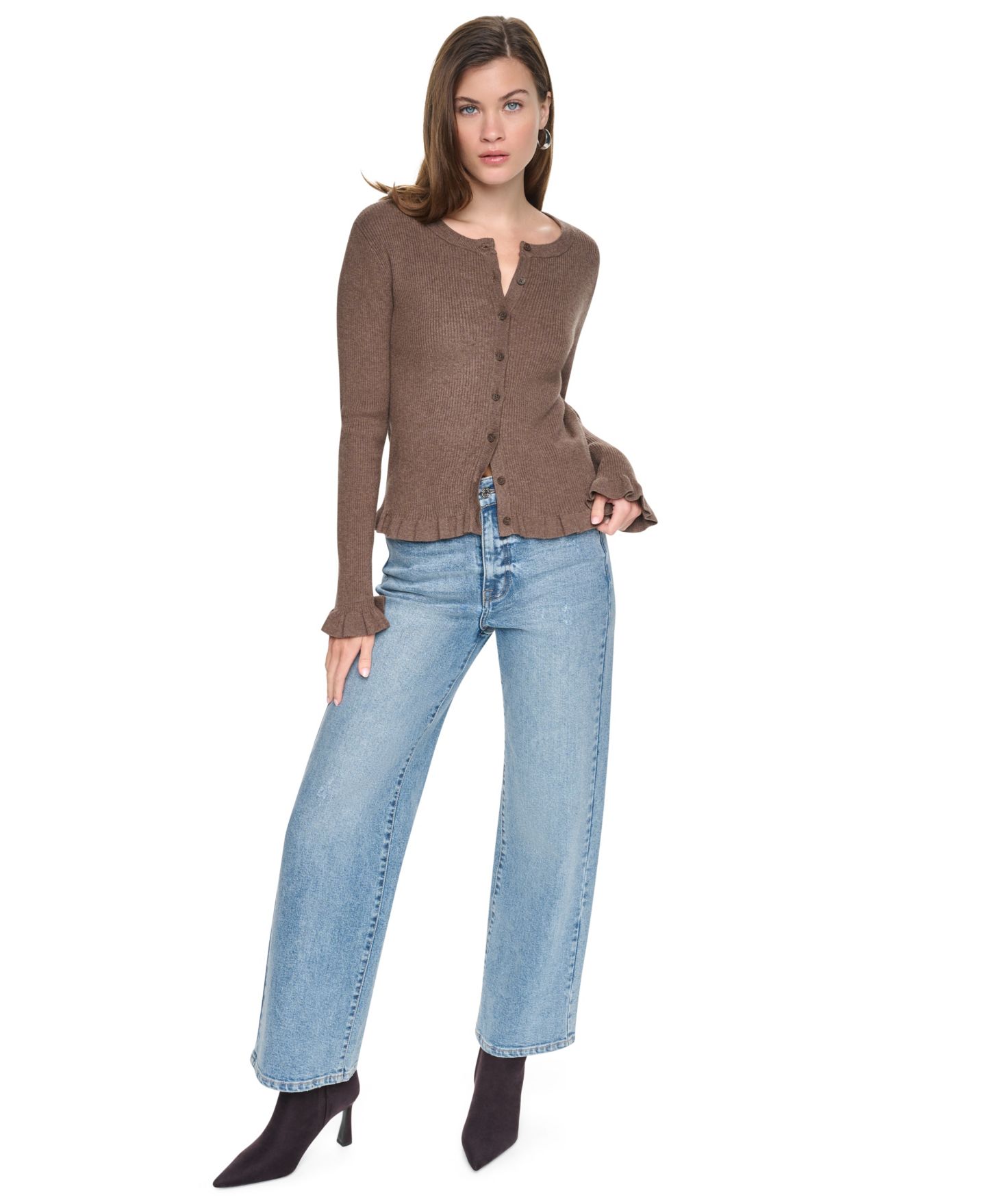 Женский кардиган DKNY Jeans Petite Ribbed Knit Ruffle Trim, цвет: Карамельный меланжевый — фото 6