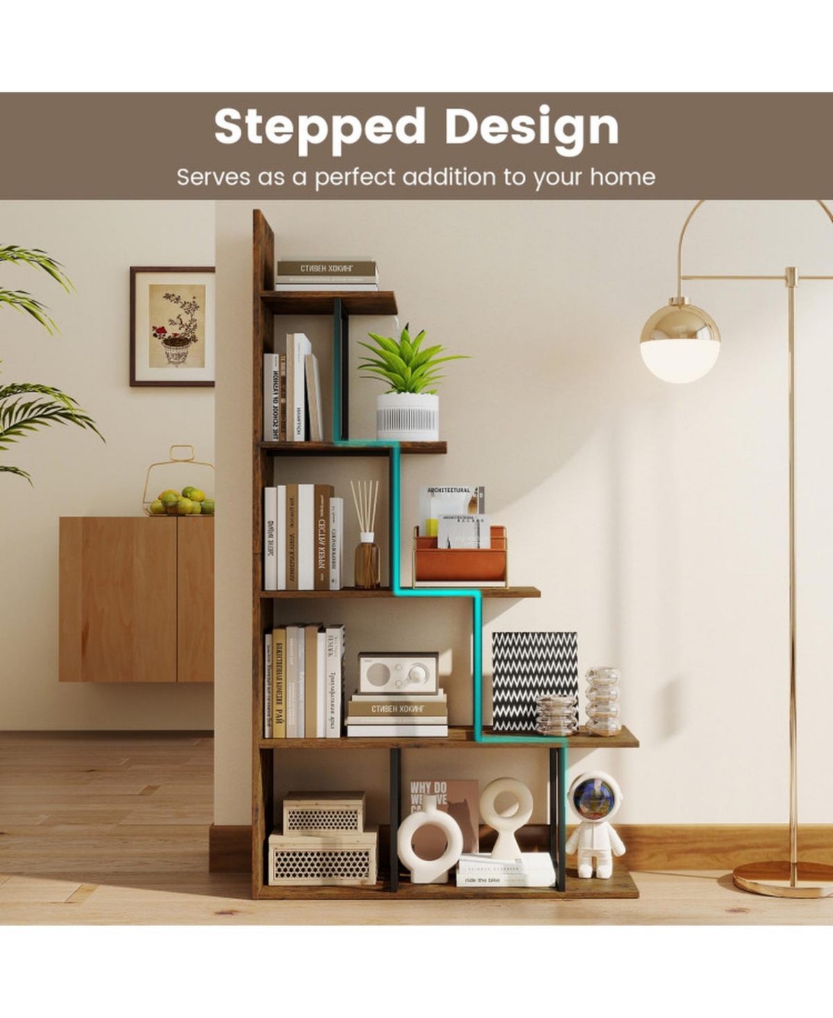 Sugift 5-Tier 62 in Tall Stepped Corner Bookshelf with Metal Frame