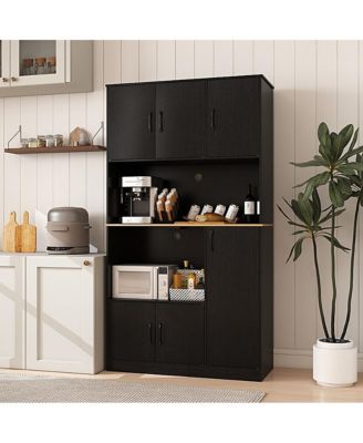 71 Inch Tall Kitchen Pantry Storage Cabinet with Charging Station and Microwave Stand