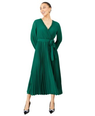 Women's Long-Sleeve V-Neck Pleated Wrap Midi Dress