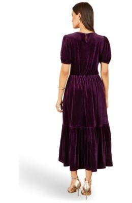 Women's Puff-Sleeve V-Neck Tiered Velvet Midi Dress