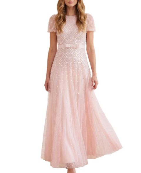Женское платье Needle & Thread Sequin Cascade Bow Short-Sleeve Gown, цвет: Сумеречный розовый / Кремовый