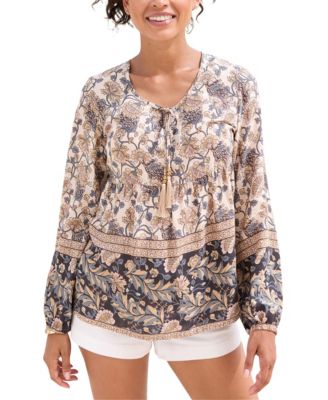 Women's Floral-Print Long-Sleeve Peasant Blouse
