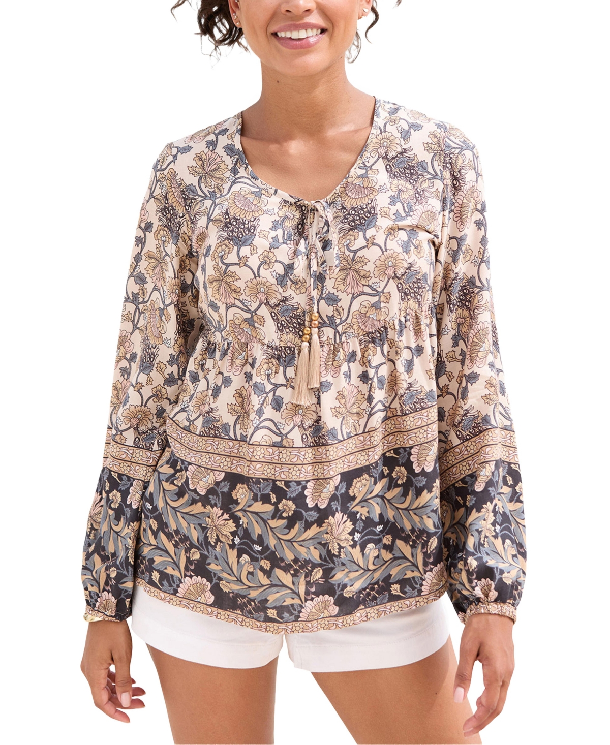Lascana Women's Floral-Print Long-Sleeve Peasant Blouse