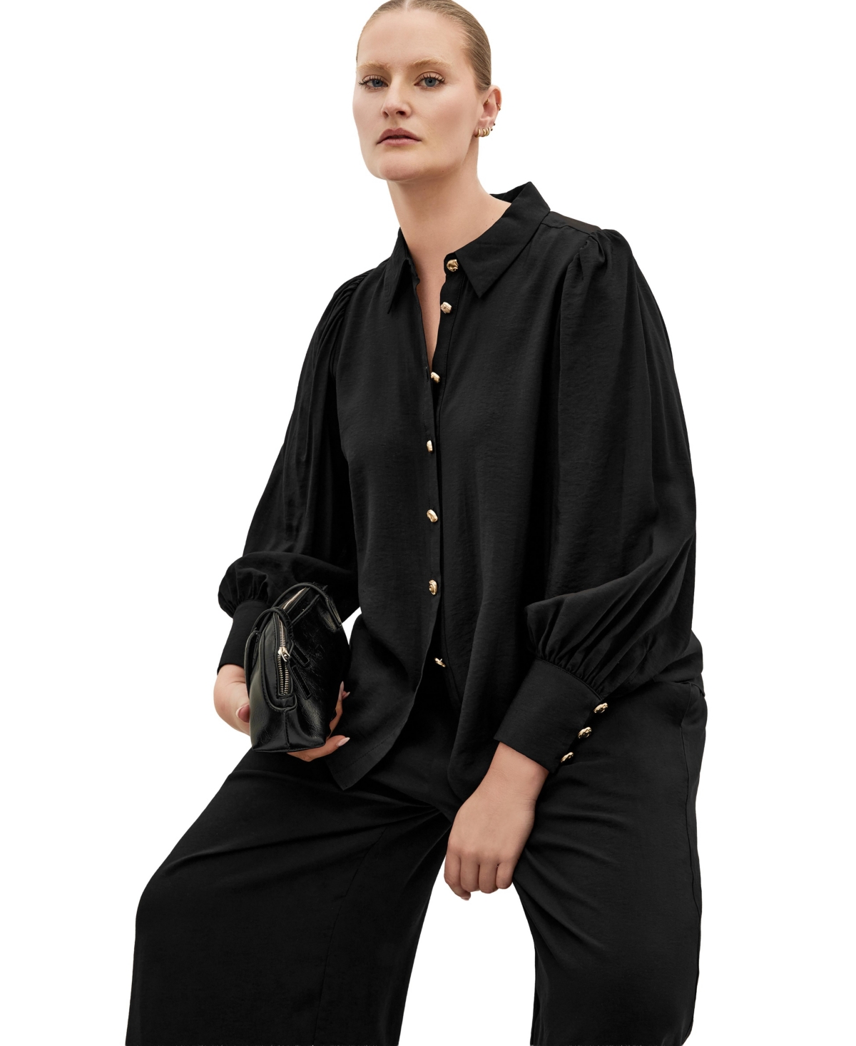 City Chic Plus Alana Long-Sleeve Collared Button-Detail Blouse