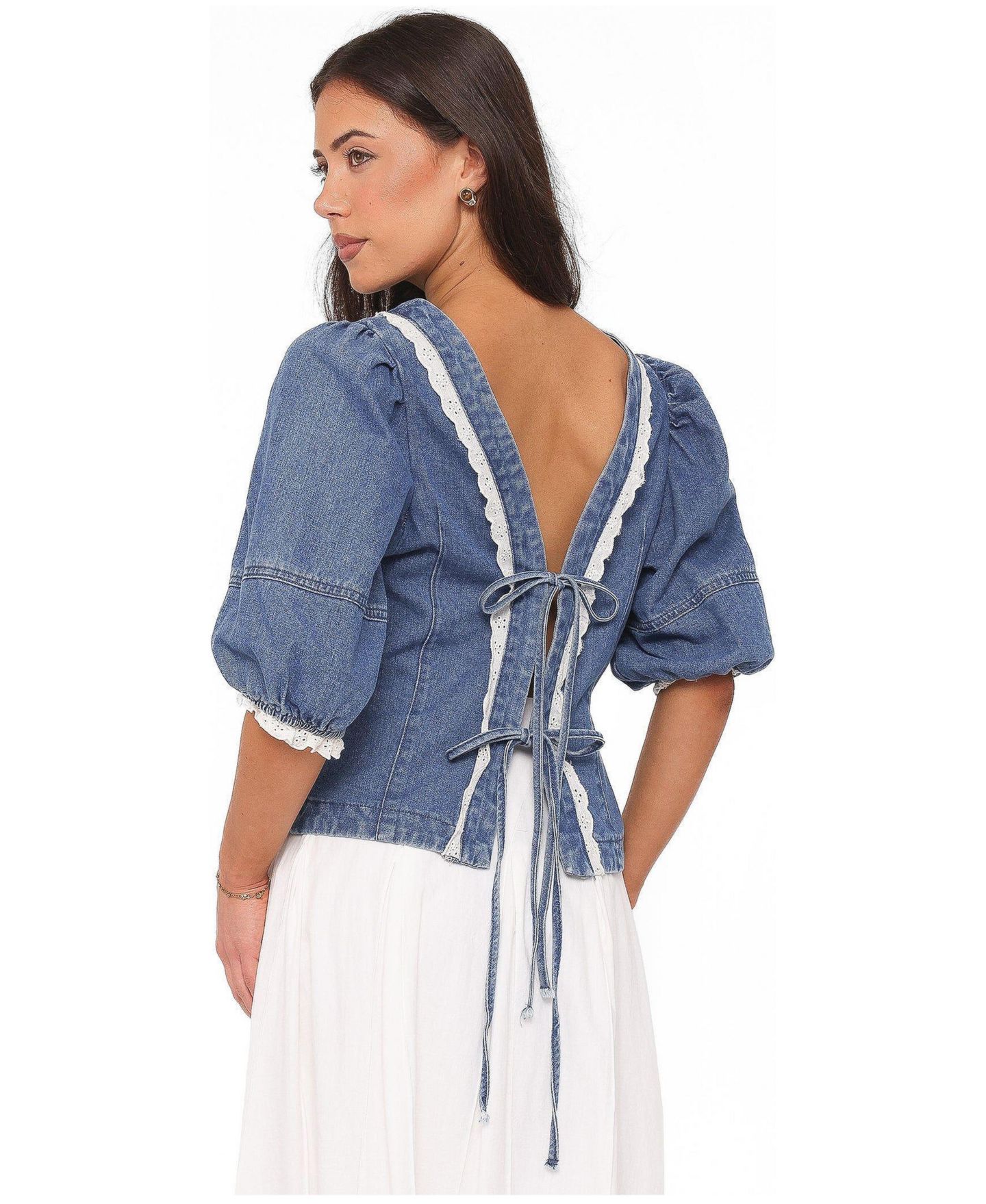 Женский топ Petal and Pup Merli Denim Open-Back Puff-Sleeve, цвет: Синяя средняя варка — фото 4