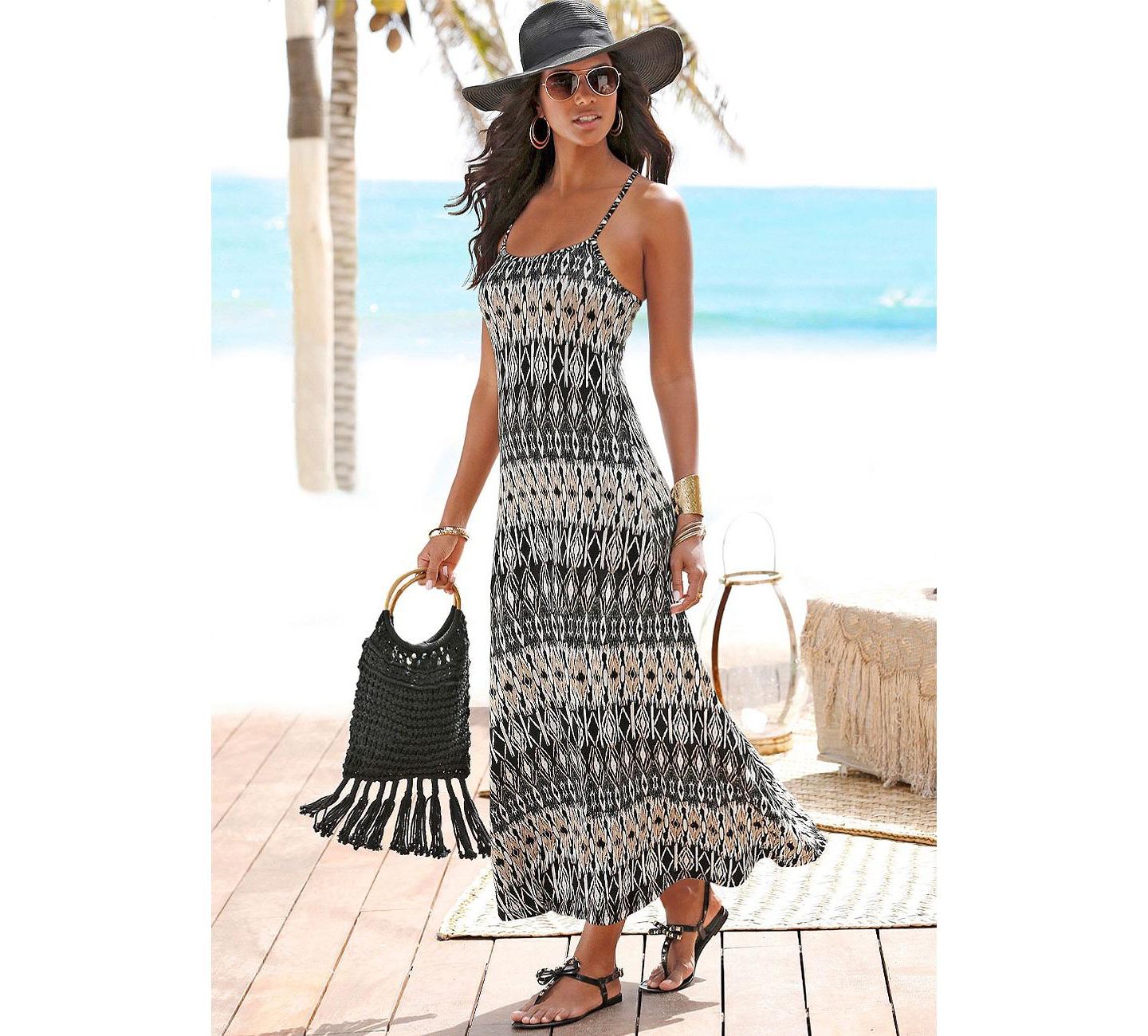 Женское платье Lascana Viscose Printed Crossed Strap Scoop-Neck Maxi, цвет: Чёрный / Кремовый — фото 2