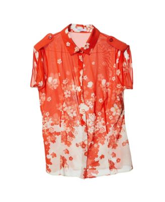 Women's Floral Print Sheer Silk Epaulet Blouse