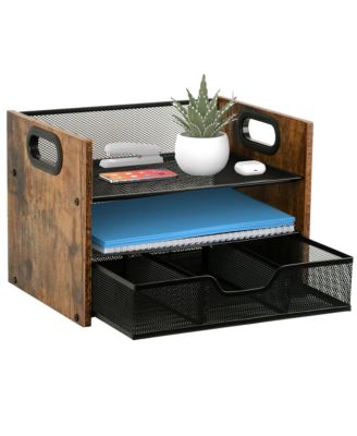 Wood Desk Organizer 3 Tier Desktop File Tray With Drawer Office Storage For Papers Stationery